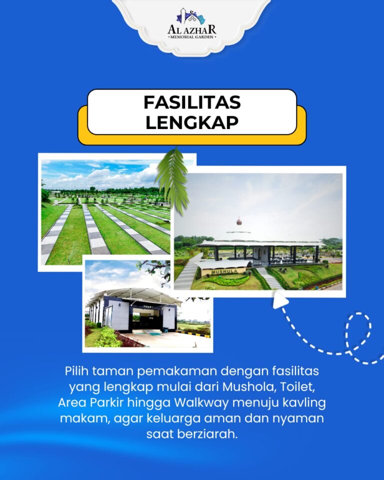 Infografis tips memilih kavling: pilih pemakaman dengan fasilitas lengkap seperti mushola, toilet, parkir, dan walkway